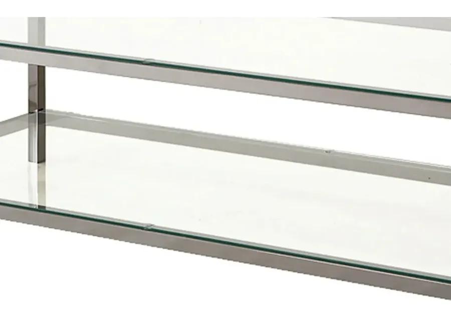 Glass Top Coffee Table with Metal Frame and Open Shelf, Silver-Benzara