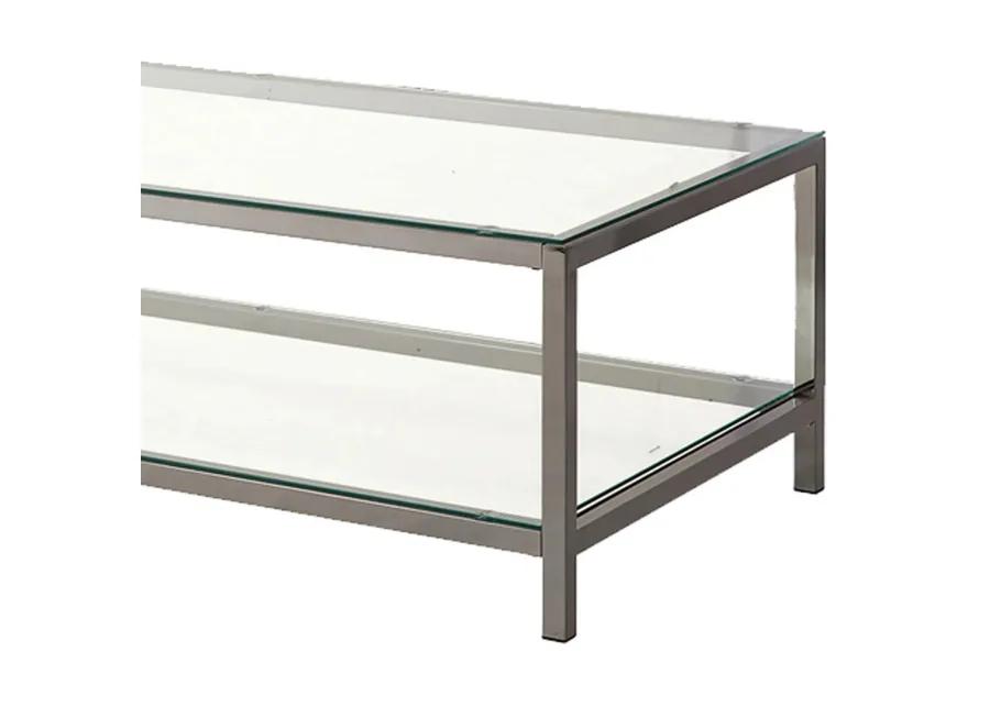 Glass Top Coffee Table with Metal Frame and Open Shelf, Silver-Benzara