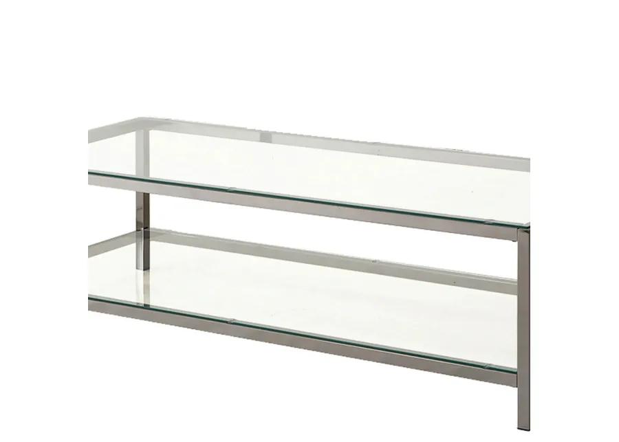 Glass Top Coffee Table with Metal Frame and Open Shelf, Silver-Benzara