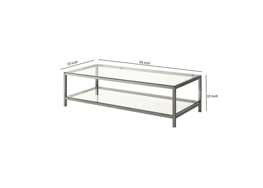 Glass Top Coffee Table with Metal Frame and Open Shelf, Silver-Benzara