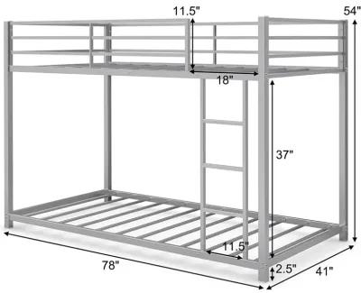 QuikFurn Twin over Twin Low Profile Modern Bunk Bed in Silver Metal Finish