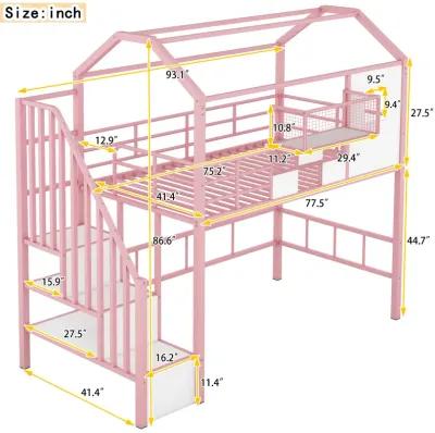 Merax Metal Loft Bed with Roof and A Storage Box