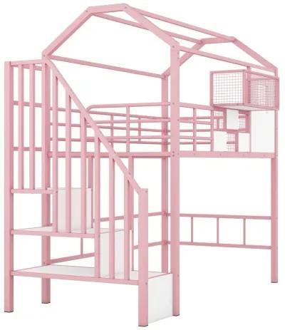 Merax Metal Loft Bed with Roof and A Storage Box