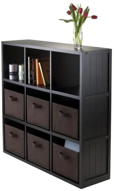 Timothy 7-Pc 3x3 Storage Shelf with 6 Foldable Fabric Baskets, Black and Chocolate