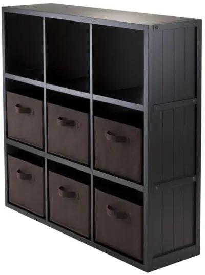 Timothy 7-Pc 3x3 Storage Shelf with 6 Foldable Fabric Baskets, Black and Chocolate