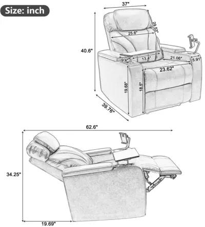 Power Motion Recliner With USB Charging Port And Hidden Arm Storage, Home Theater Seating