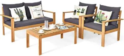 Outdoor 4 Pieces Acacia Wood Conversation Sets with Water Resistant Cushions