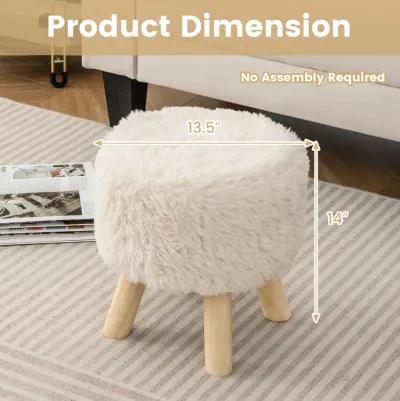 Round Footstool Ottoman Faux Fur Footrest with Padded Seat and Rubber Wood Legs-White