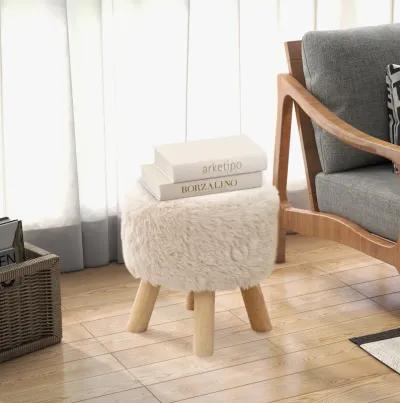 Round Footstool Ottoman Faux Fur Footrest with Padded Seat and Rubber Wood Legs-White