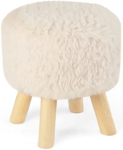 Round Footstool Ottoman Faux Fur Footrest with Padded Seat and Rubber Wood Legs-White