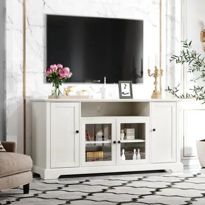 TV Stand for TV up to 65in with 2 Tempered Glass Doors Adjustable Panels Open Style Cabinet, Sideboard for Living room