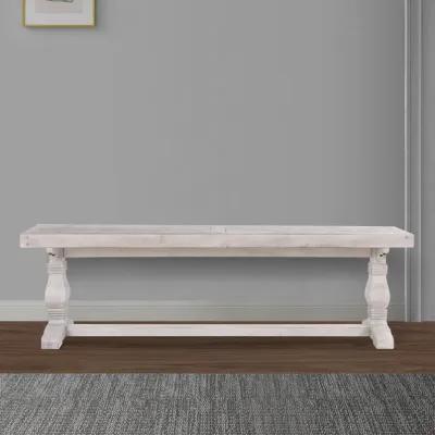 Kai 83 Inch Reclaimed Pine Dining Bench, Turned Pedestals, Antique White-Benzara