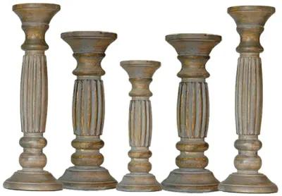 Traditional Gray Wash Eco-friendly Handmade Mango Wood Set Of Five 15",12",9",12" & 15" Pillar Candle Holder