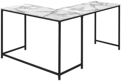 Monarch Specialties I 7393 Computer Desk, Home Office, Corner, 58"L, L Shape, Work, Laptop, Metal, Laminate, White Marble Look, Black, Contemporary, Modern