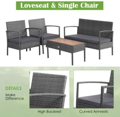 Hivvago 4 Pieces Rattan Patio Conversation Furniture Set with Acacia Wood Tabletop