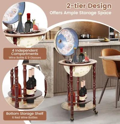 17 Inch Italian Style Design Wooden Globe Liquor Bottle Wine Rack with Wheels