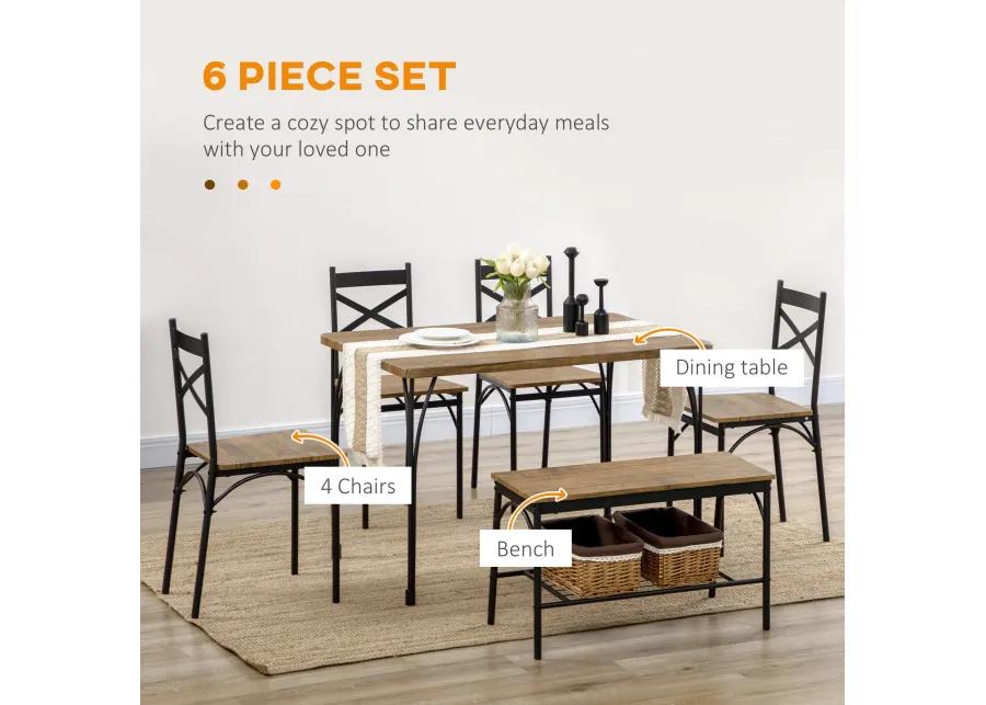 Rustic Brown Dining Set: 6-Piece Industrial Table with Bench