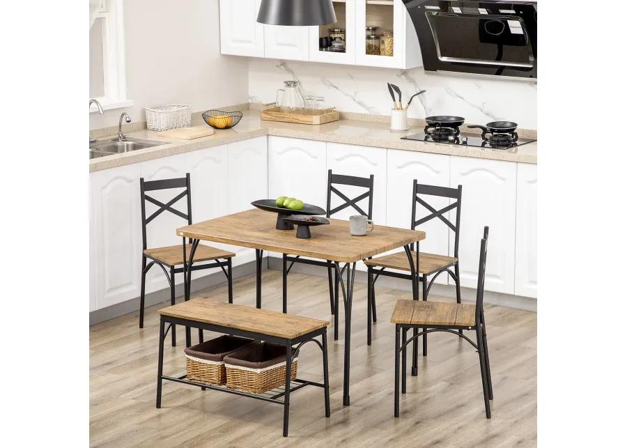 Rustic Brown Dining Set: 6-Piece Industrial Table with Bench