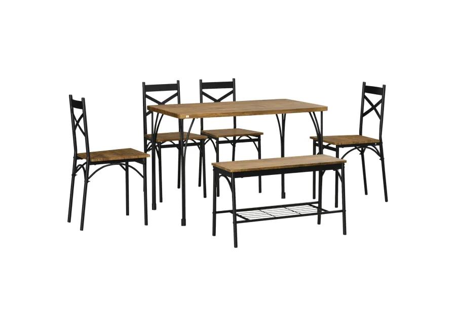 Rustic Brown Dining Set: 6-Piece Industrial Table with Bench