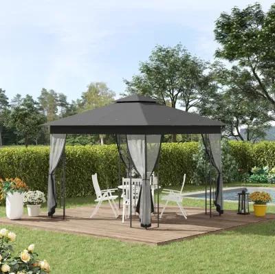 Grey Backyard Haven: 10x10 Gazebo with 2-Tier Roof and Curtains