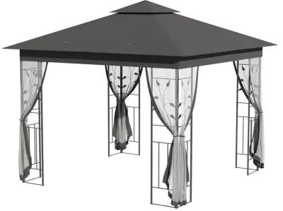 Grey Backyard Haven: 10x10 Gazebo with 2-Tier Roof and Curtains