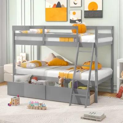 Twin Over Twin Bunk Bed Wood Bed Frame with 2 Storage Drawers and Ladder