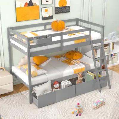 Twin Over Twin Bunk Bed Wood Bed Frame with 2 Storage Drawers and Ladder