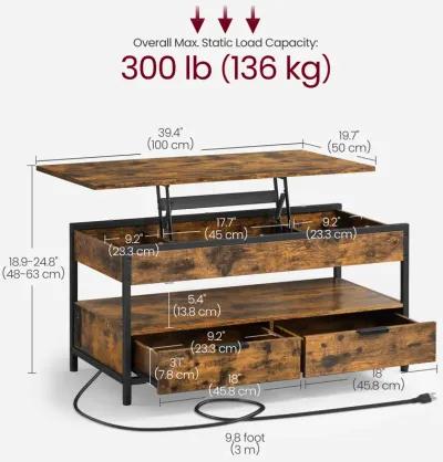 Lift Top Coffee Table with Storage Drawers and Charging Station