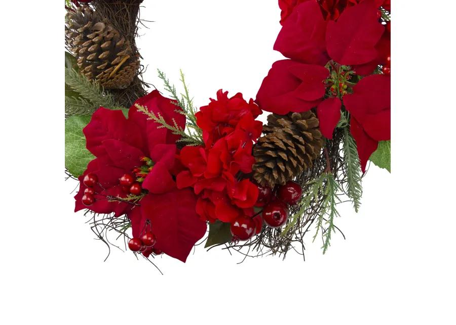 Red Poinsettia and Hydrangea Flowers with Berries Artificial Christmas Wreath - 24-Inch  Unlit