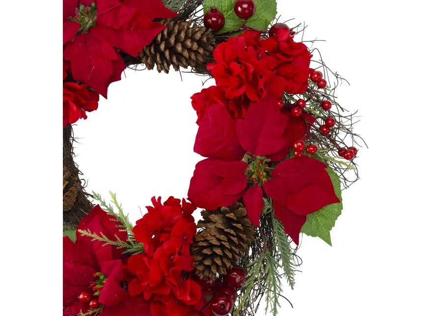 Red Poinsettia and Hydrangea Flowers with Berries Artificial Christmas Wreath - 24-Inch  Unlit