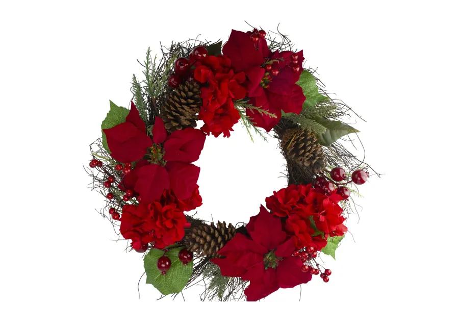 Red Poinsettia and Hydrangea Flowers with Berries Artificial Christmas Wreath - 24-Inch  Unlit