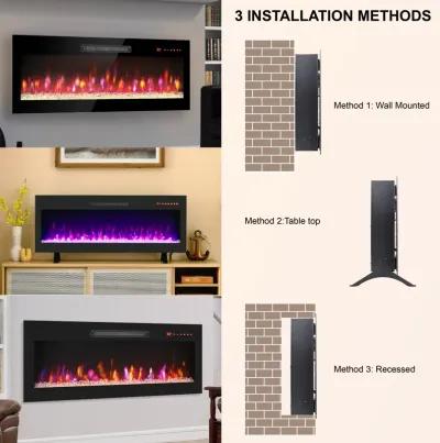 MONDAWE 36 Inch Recessed Ultra Thin Tempered Glass Front Wall Mounted Electric Fireplace With Remote And Multi Color Flame & Emberbed, LED Light Heater