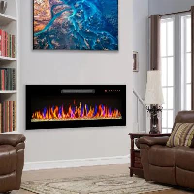 MONDAWE 36 Inch Recessed Ultra Thin Tempered Glass Front Wall Mounted Electric Fireplace With Remote And Multi Color Flame & Emberbed, LED Light Heater