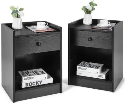 Set of 2 Nightstand with Drawer Cabinet End Side Table Raised Top