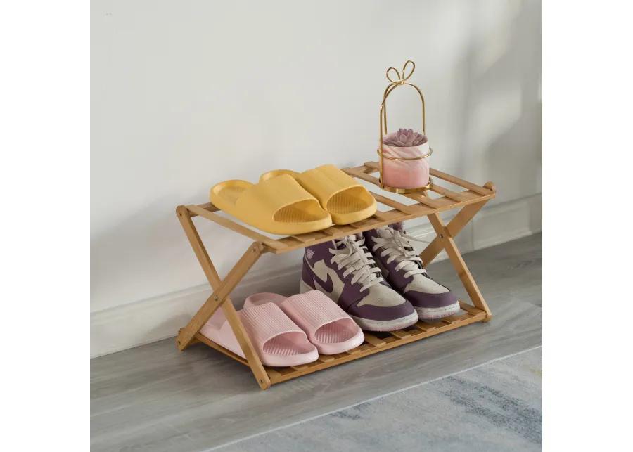 Bamboo Foldable Shoe Rack, Free Standing Shoe Organizer Storage Rack, 2 Tier