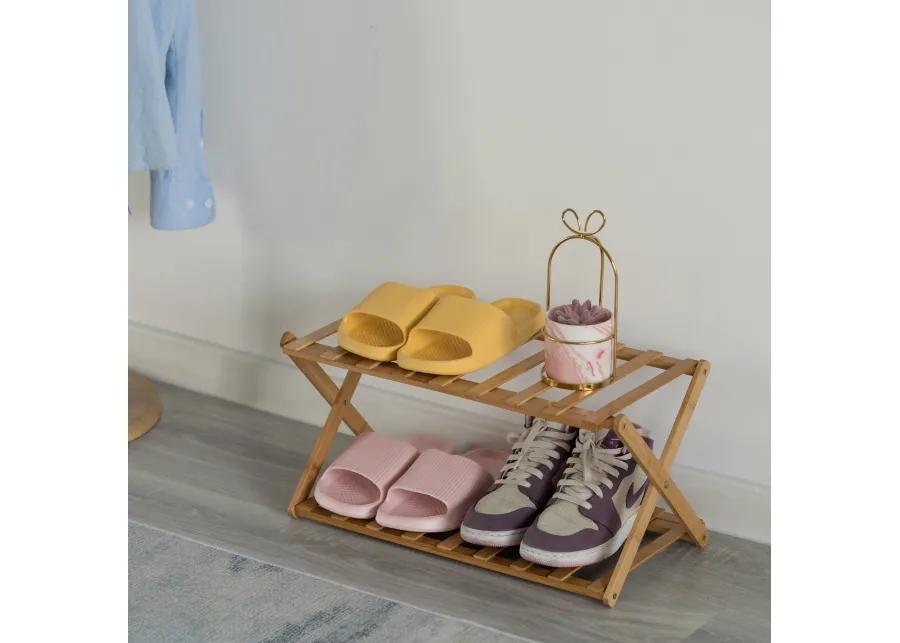 Bamboo Foldable Shoe Rack, Free Standing Shoe Organizer Storage Rack, 2 Tier