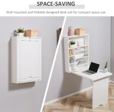 Space-Saving Workstation: White Wall-Mounted Convertible Desk with Storage