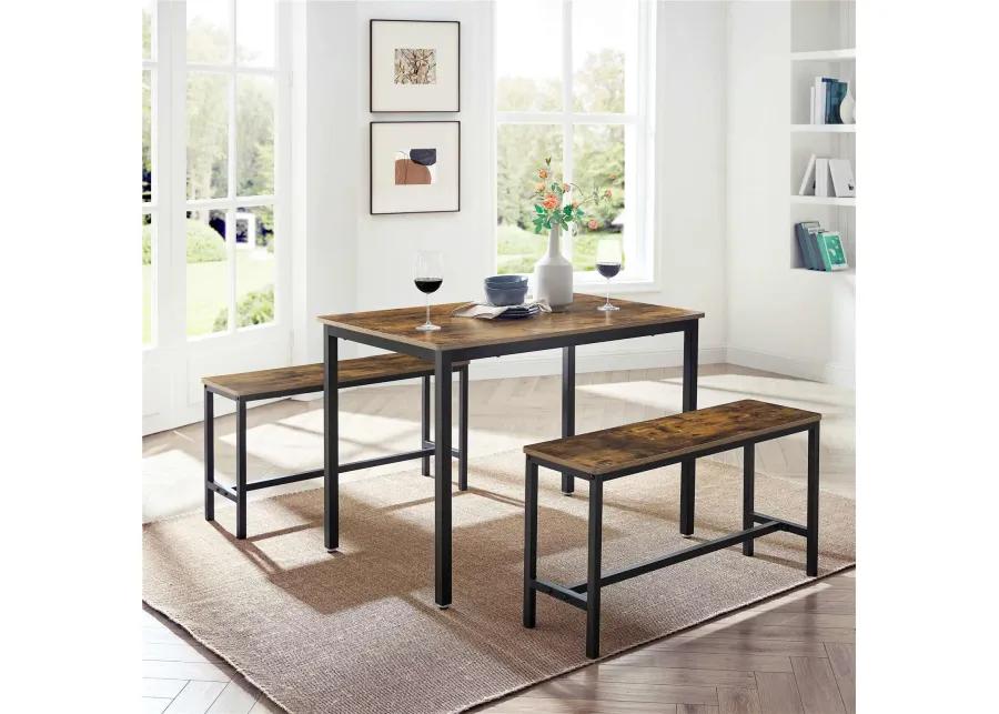 3-Piece Dining Table Set with Benches - Rustic Brown and Black