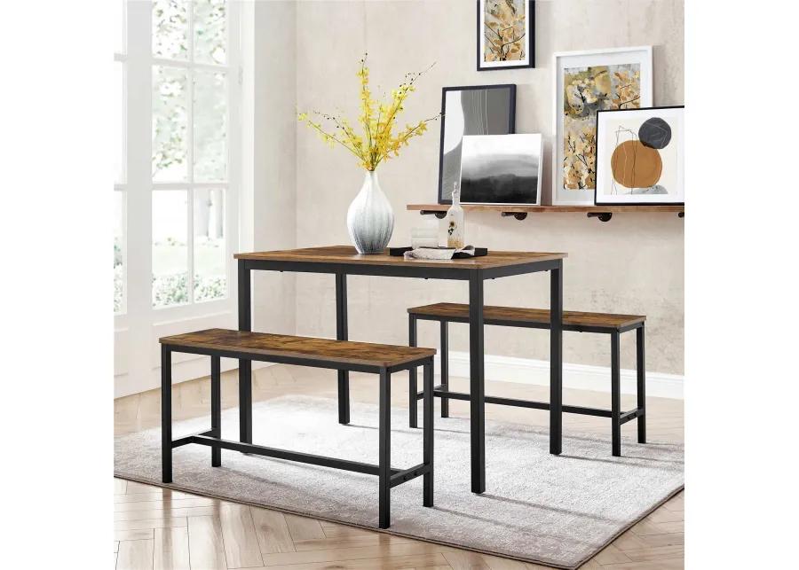 3-Piece Dining Table Set with Benches - Rustic Brown and Black