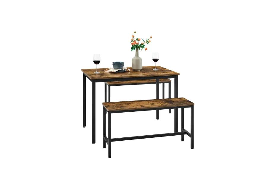 3-Piece Dining Table Set with Benches - Rustic Brown and Black