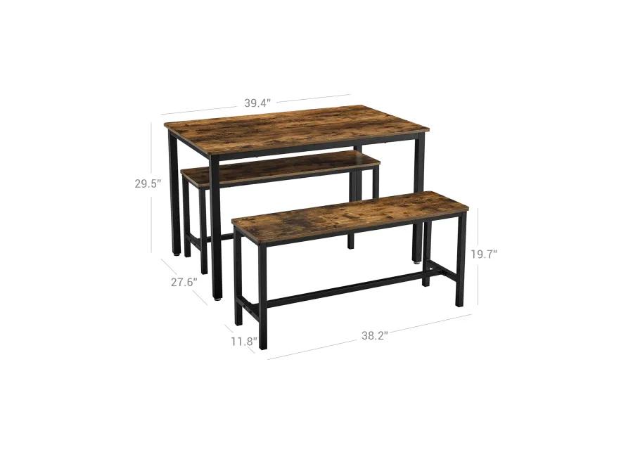 3-Piece Dining Table Set with Benches - Rustic Brown and Black