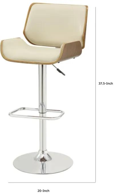 Contemporary Small Back Adjustable Bar Height Stool, Cream & Walnut Brown-Benzara