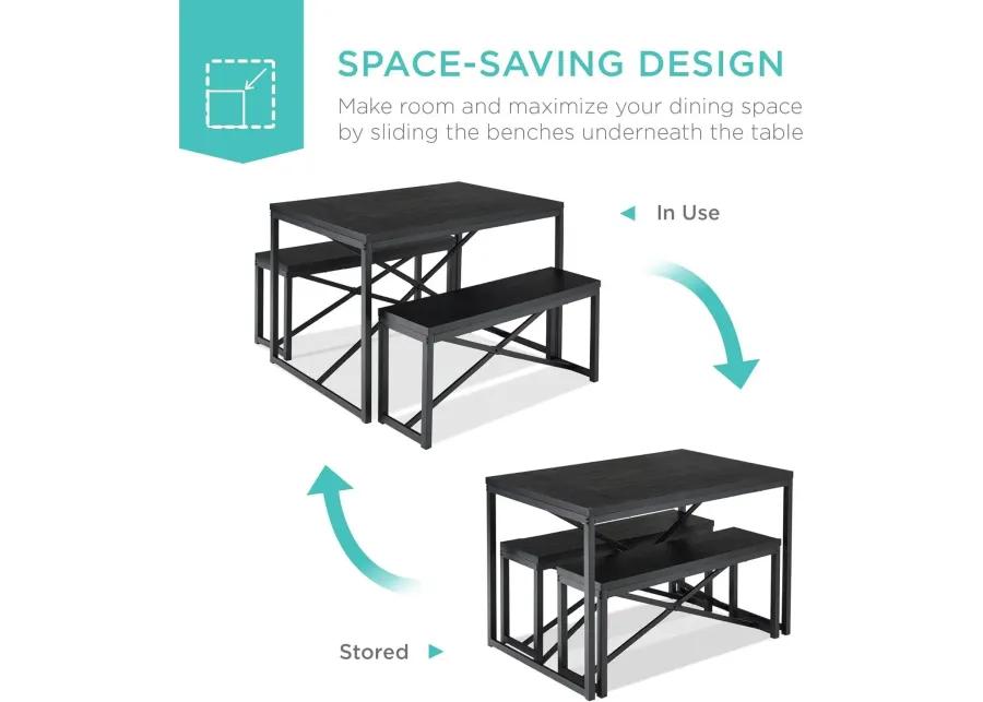 Modern 3 Piece Dining Set   Metal Frame Black Wood Top Table and 2 Bench Chairs