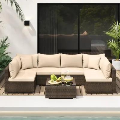 Hivvago 7 Pieces Patio Rattan Furniture Set with Sectional Sofa Cushions-Beige