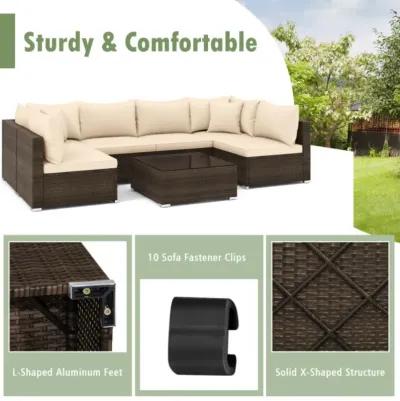 Hivvago 7 Pieces Patio Rattan Furniture Set with Sectional Sofa Cushions-Beige