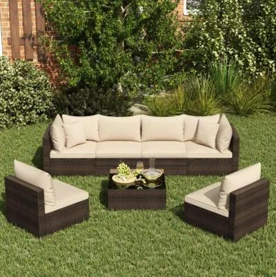 Hivvago 7 Pieces Patio Rattan Furniture Set with Sectional Sofa Cushions-Beige