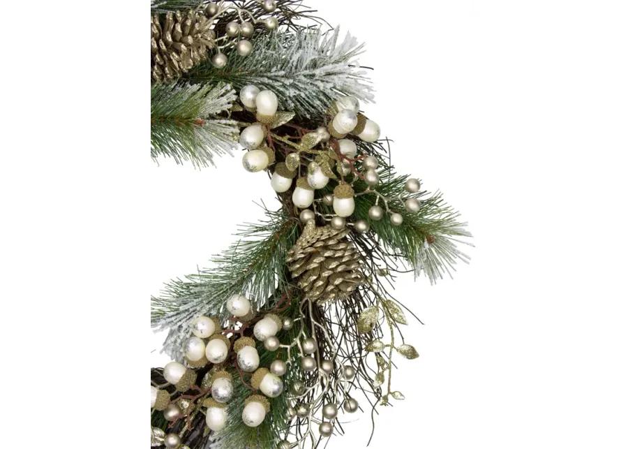 Acorn and Pine Cone Flocked Pine Needle Artificial Christmas Wreath - 22-Inch  Unlit