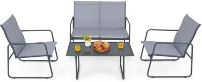 4 Pieces of Metal Patio Furniture Chat Set with Tempered Glass Coffee Table