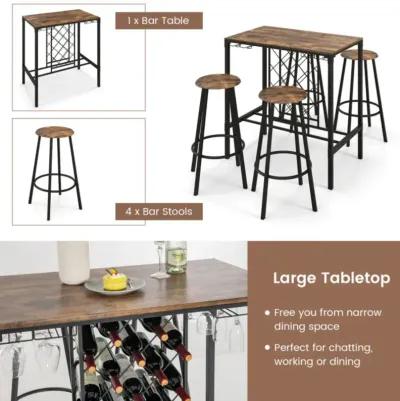 Hivvago 5 Pieces Bar Table and Stools Set with Wine Rack and Glass Holder-Rustic Brown