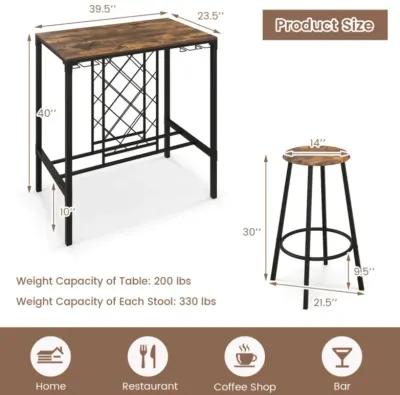 Hivvago 5 Pieces Bar Table and Stools Set with Wine Rack and Glass Holder-Rustic Brown